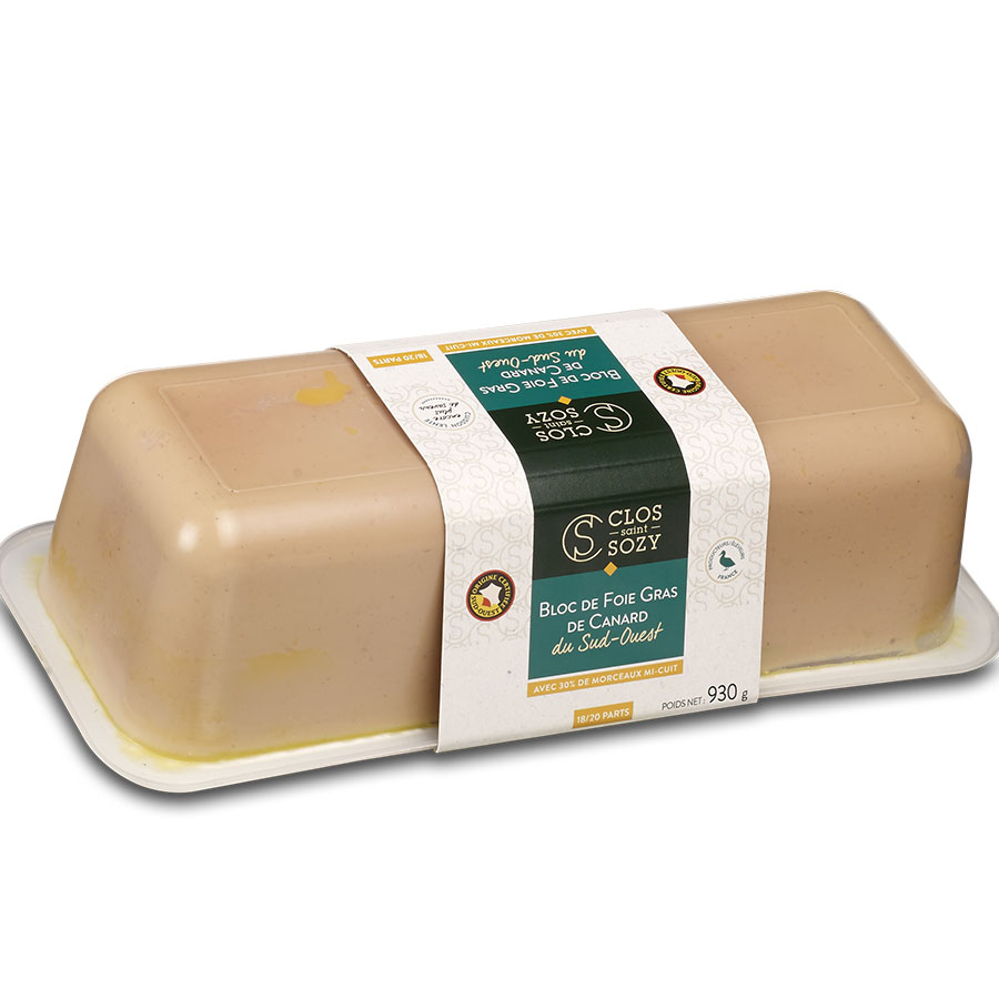 Bloc de foie gras de canard du Sud Ouest mi cuit avec 30% de morceaux 930g