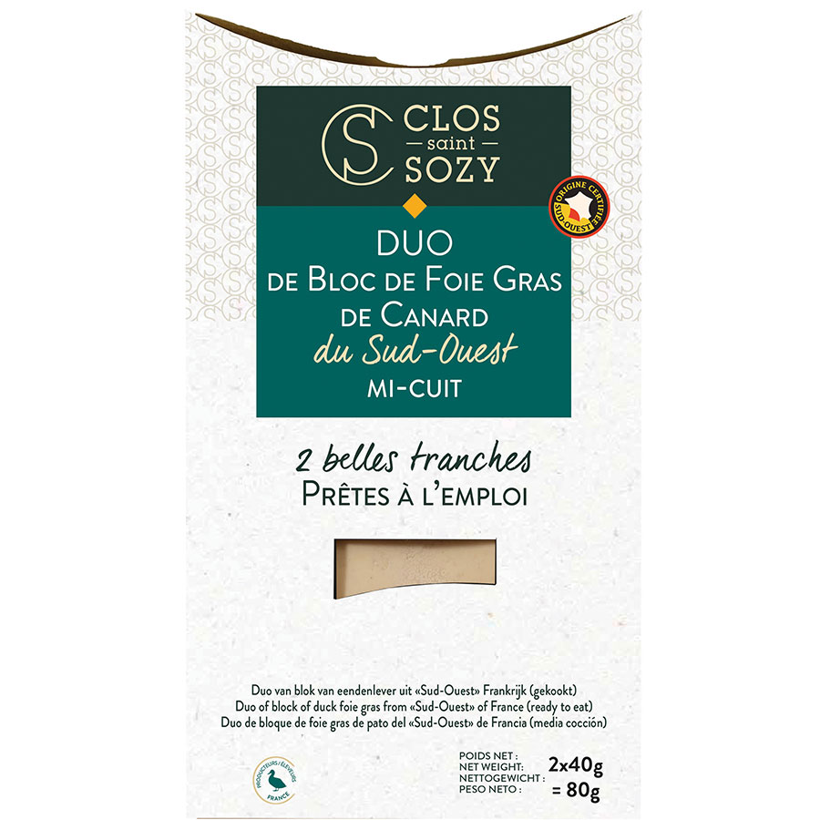 Duo de bloc de foie gras de canard du Sud Ouest mi cuit 2 belles tranches